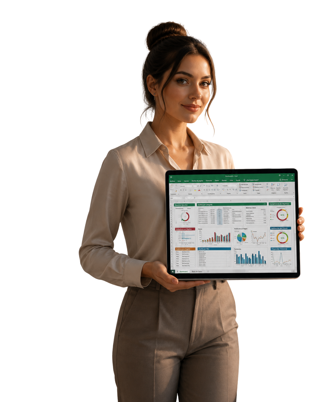 Profesional contable sosteniendo una notebook con un tablero de Excel